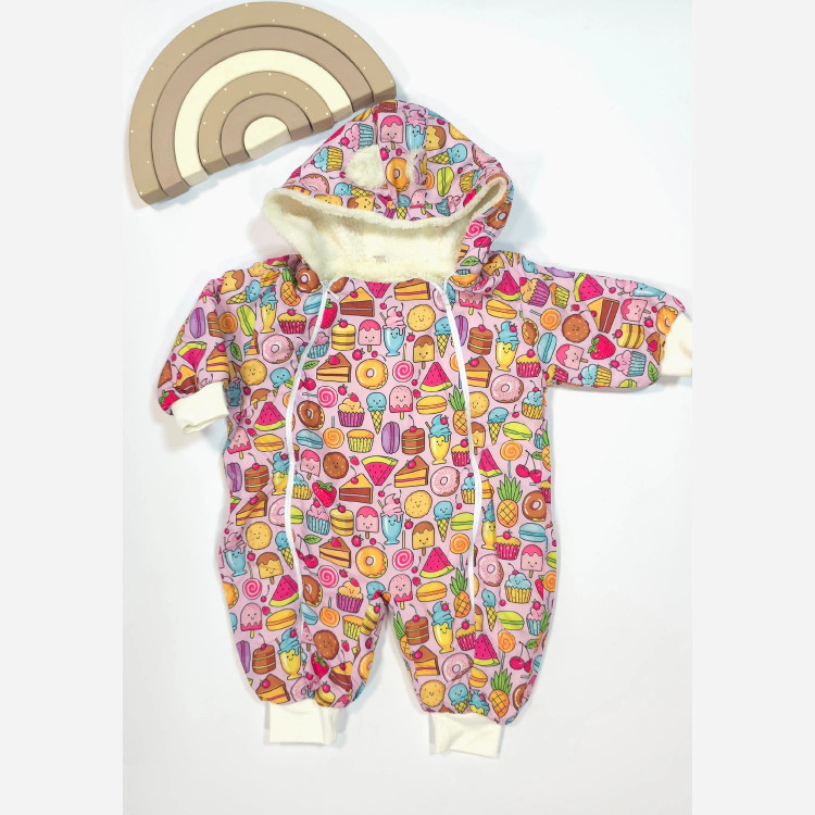 سرهمی نوزادی طرح بستنی و شیرینی، مناسب 3 تا 12 ماه، کلاهدار، صورتی