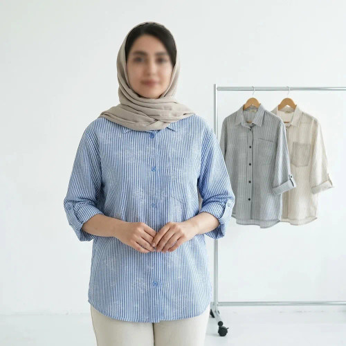 شومیز زنانه کتان راه راه آستین سه ربع جلو دکمه دار تک سایز