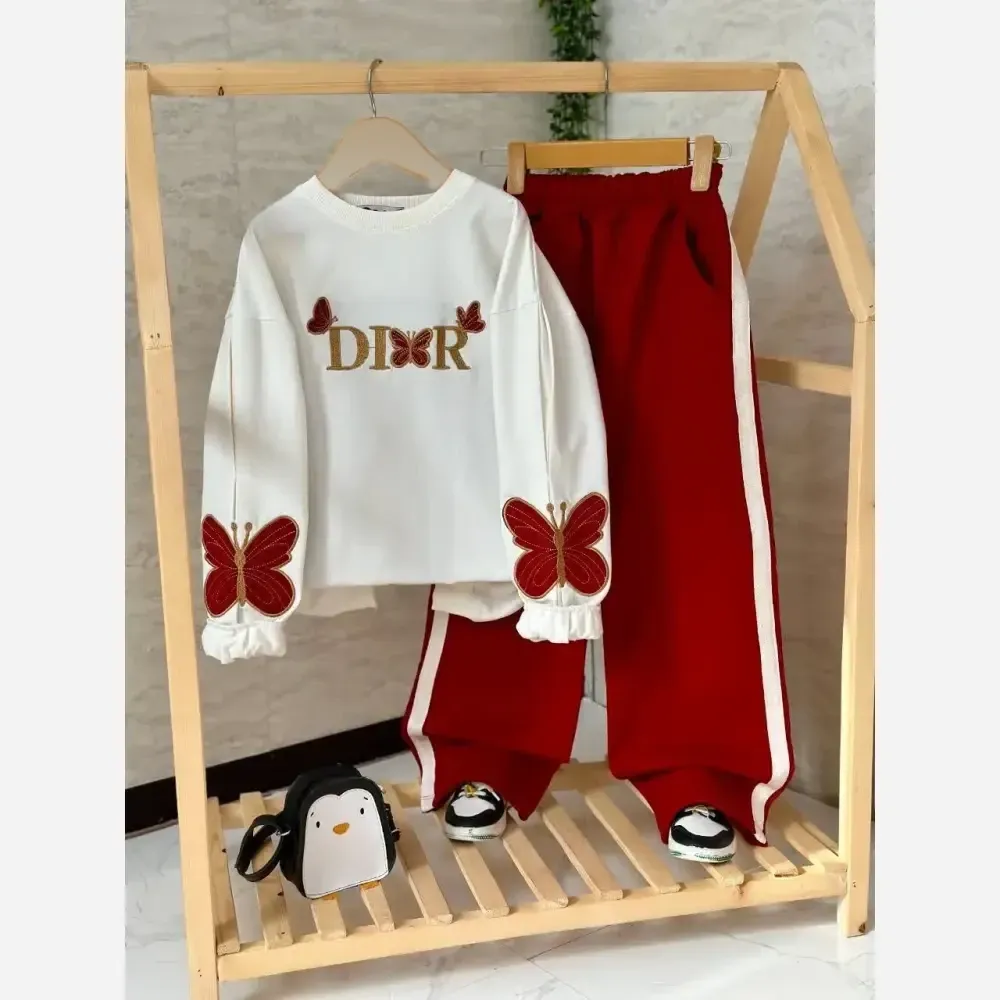 ست بلوز و شلوار دخترانه طرح پروانه جنس دورس دو نخ سایز 50 تا 65