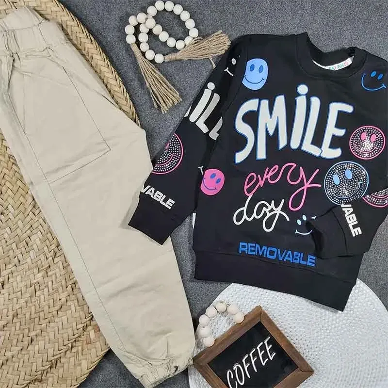 بلوز شلوار دخترانه طرح SMILE جنس پنبه سوپر و کتان کد 9065