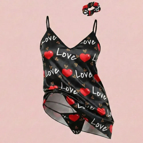 ست لباس خواب زنانه ساتن مدل LOVE رنگ مشکی کد 10832