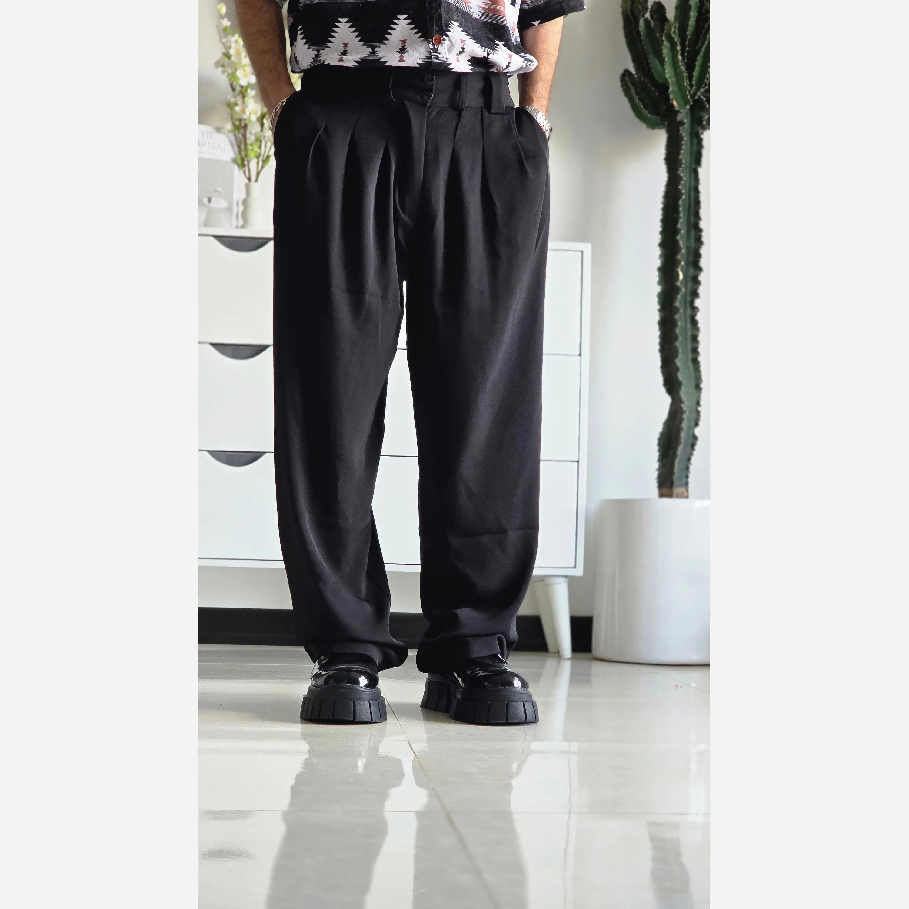 شلوار بگ پارچه ای زنانه مدل پیله دار جنس کاترین رنگ مشکی سایز L تا 3XL
