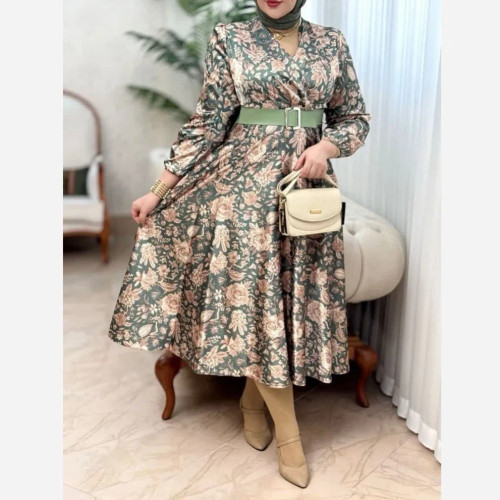 پیراهن مجلسی زنانه ساتن مدل دامن کلوش یقه چپ و راستی قد 135