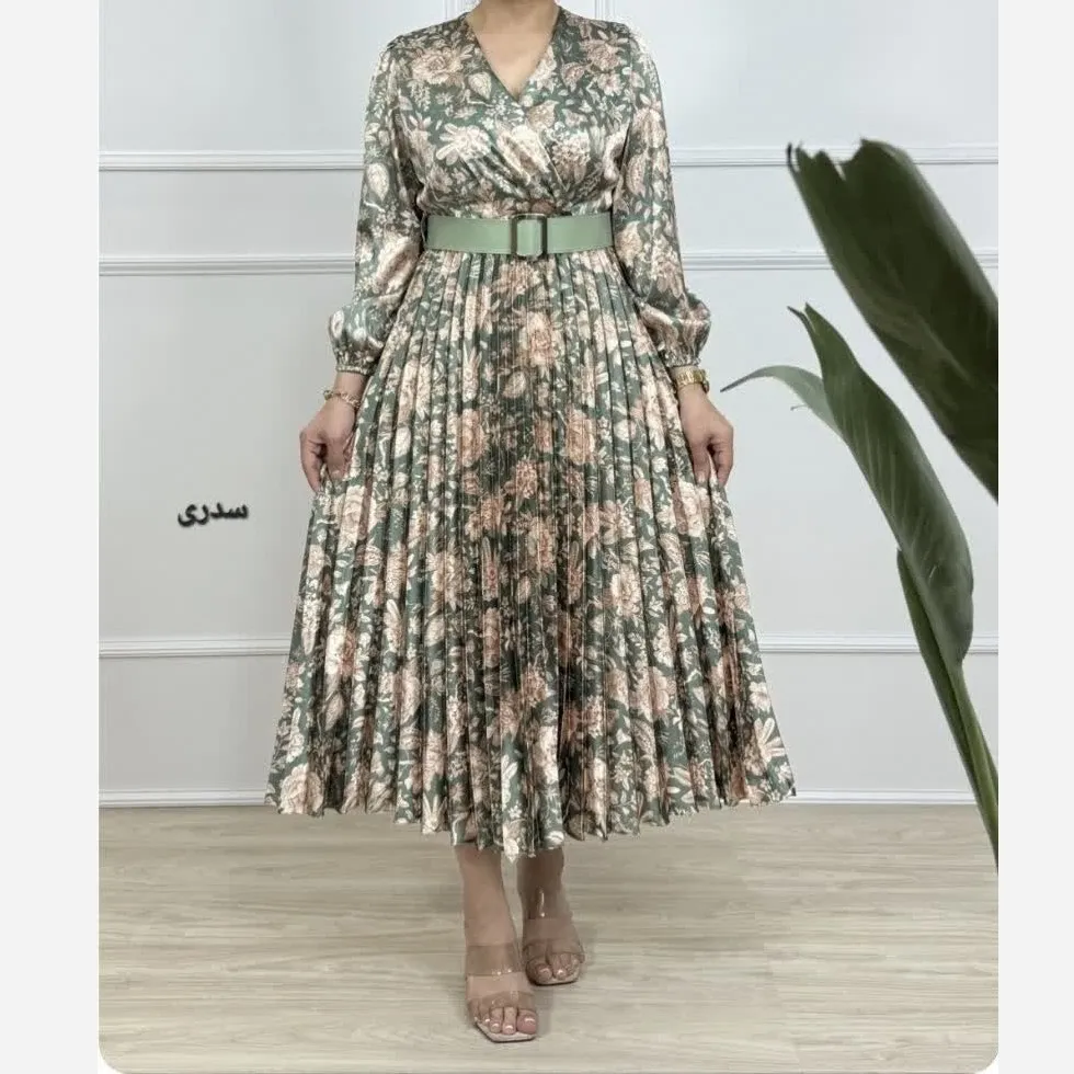 پیراهن مجلسی زنانه ساتن پلیسه مدل کلوش یقه چپ و راستی مناسب شیردهی