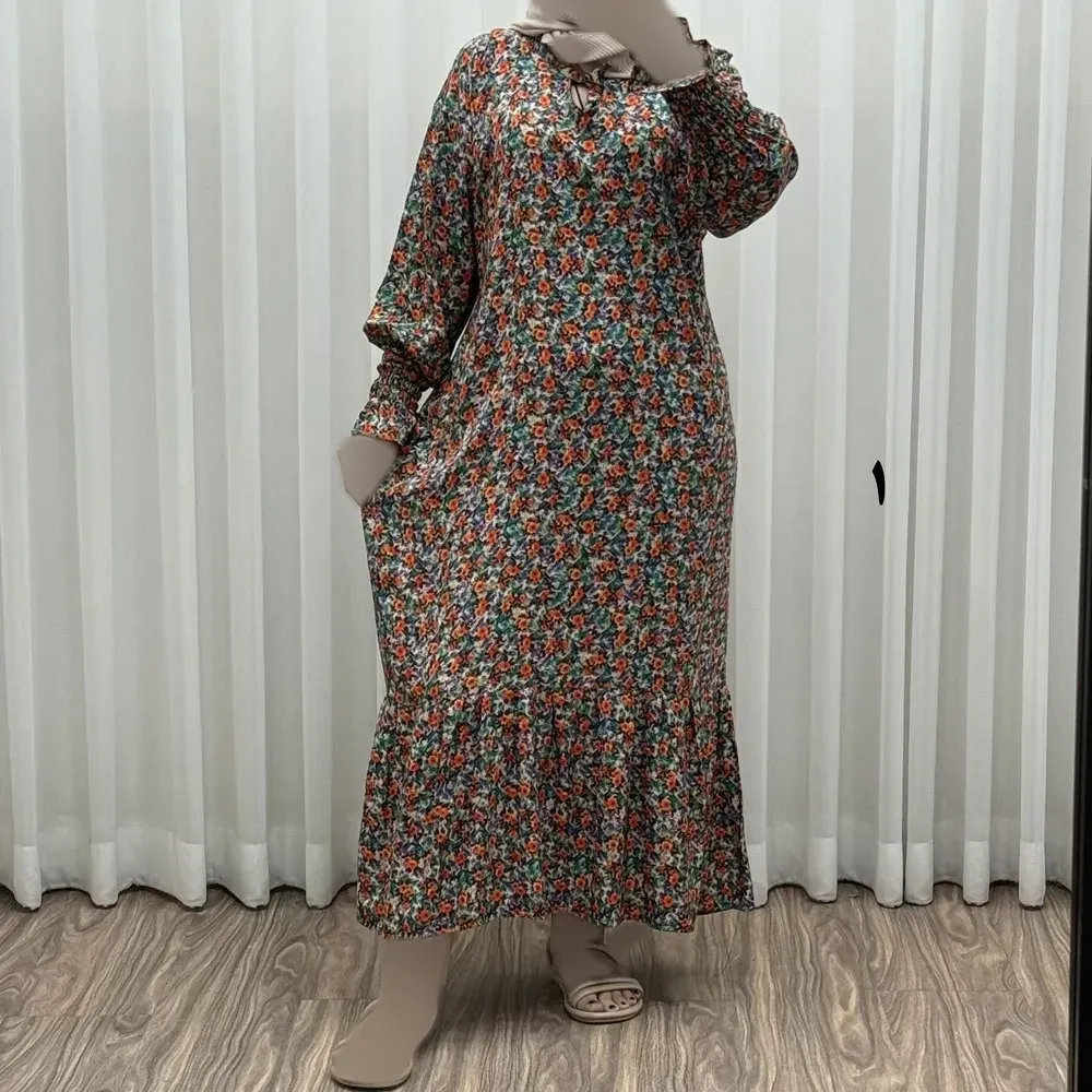 پیراهن ساحلی نخی زنانه و دخترانه فری سایز مناسب تا سایز 50 با کمر کشی و کمربند