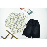 ست پیراهن نخی یقه مردانه و شلوارک جین کاغذی پسرانه
