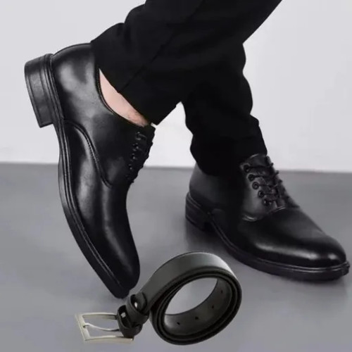 ست کفش مردانه مدل رویال و کمربند چرم صنعتی مشکی