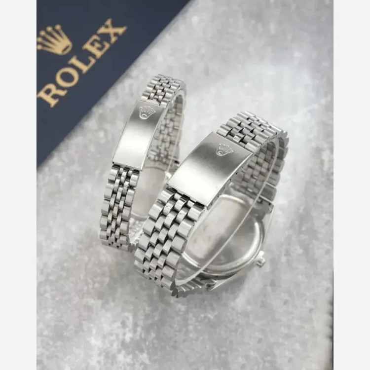 ساعت مچی رولکس مدل بند استیل نقره ای صفحه مشکی تقویم دار مردانه و زنانه
