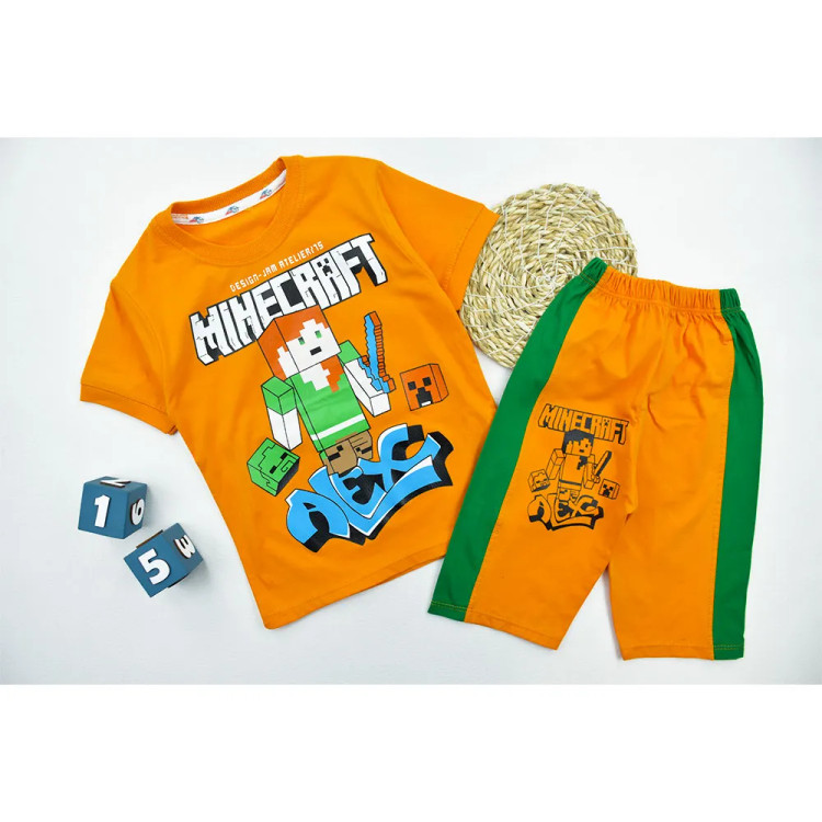 ست تیشرت و شلوارک پسرانه طرح ماینکرافت جنس پنبه