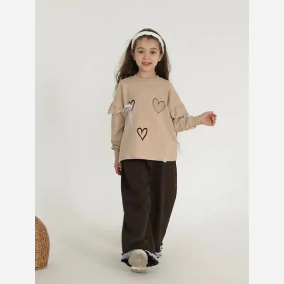 ست بلوز و شلوار بگ دخترانه طرح قلب گیپور جنس دورس و کتان سایز 50 تا 65