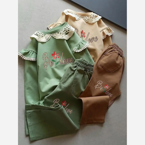 ست بلوز دورس پنبه و شلوار کتان دخترانه با خرج کار تور خامه دوزی سایز 40 تا 60