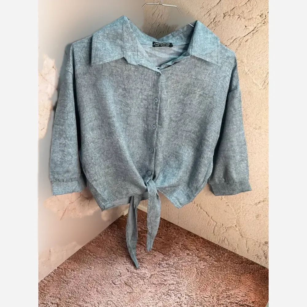 شومیز گره ای زنانه رگه دار مدل جدید عیدانه آبی طوسی سایز 38 تا 42