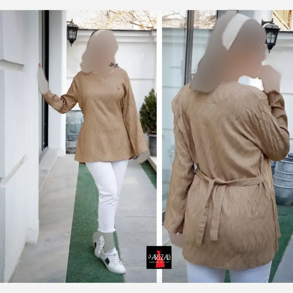 تونیک بهاره نخی طرح موجی کمربندی مناسب سایز 40 تا 46