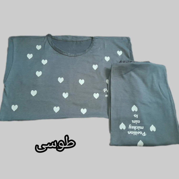 ست تیشرت و شلوار زنانه راحتی طرح قلب جنس نخ ویسکوز فول کش سایز 38 تا 48