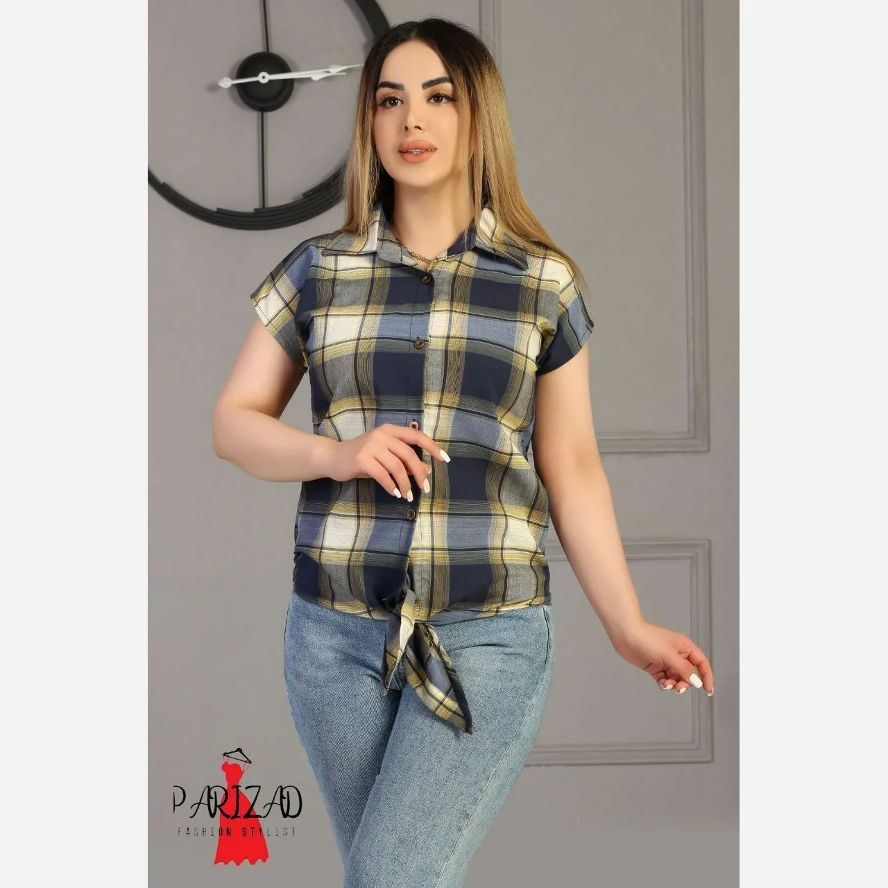 شومیز زنانه مدل گرهی چهارخونه نخی مناسب سایز لارج و ایکس لارج