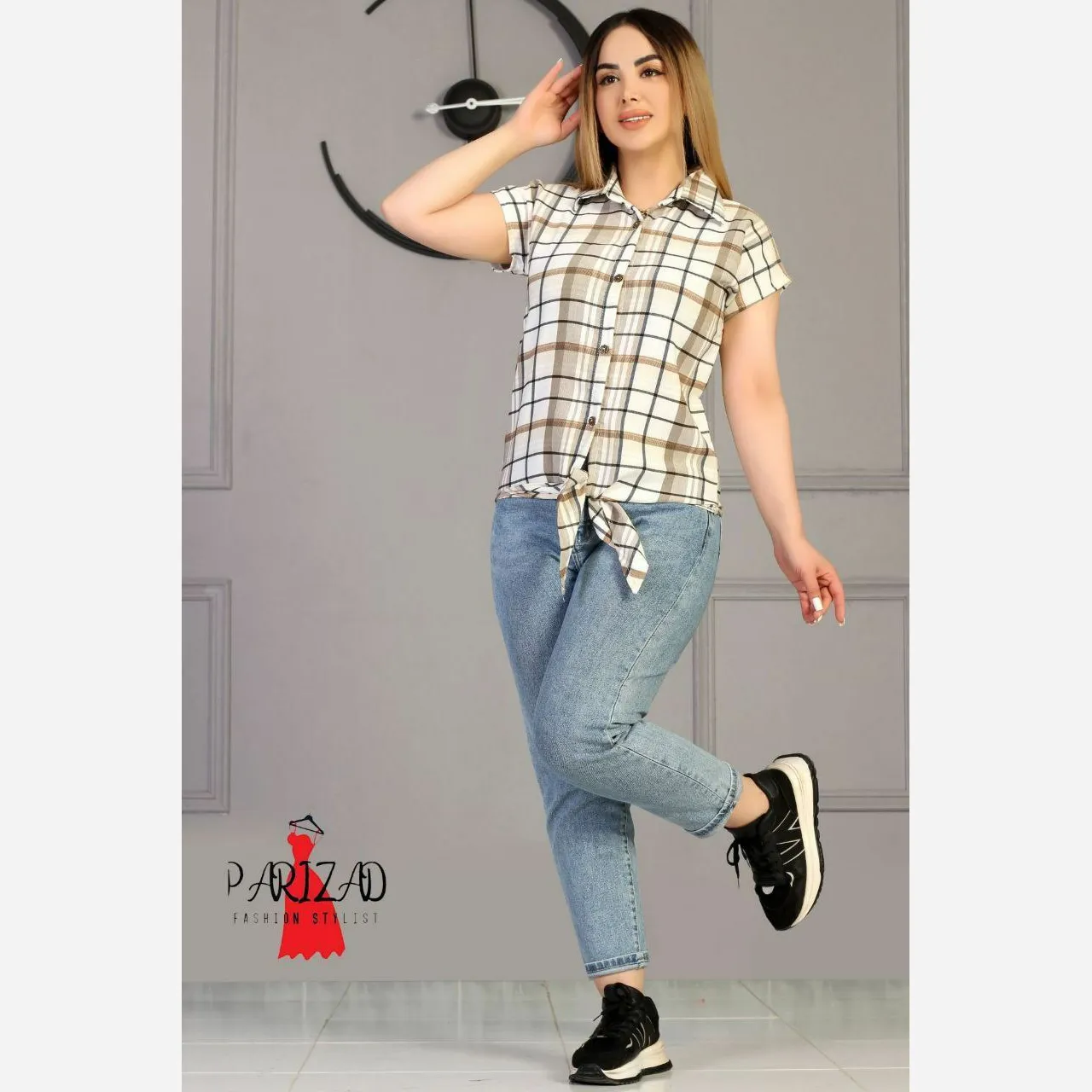 شومیز زنانه مدل گرهی چهارخونه نخی مناسب سایز لارج و ایکس لارج