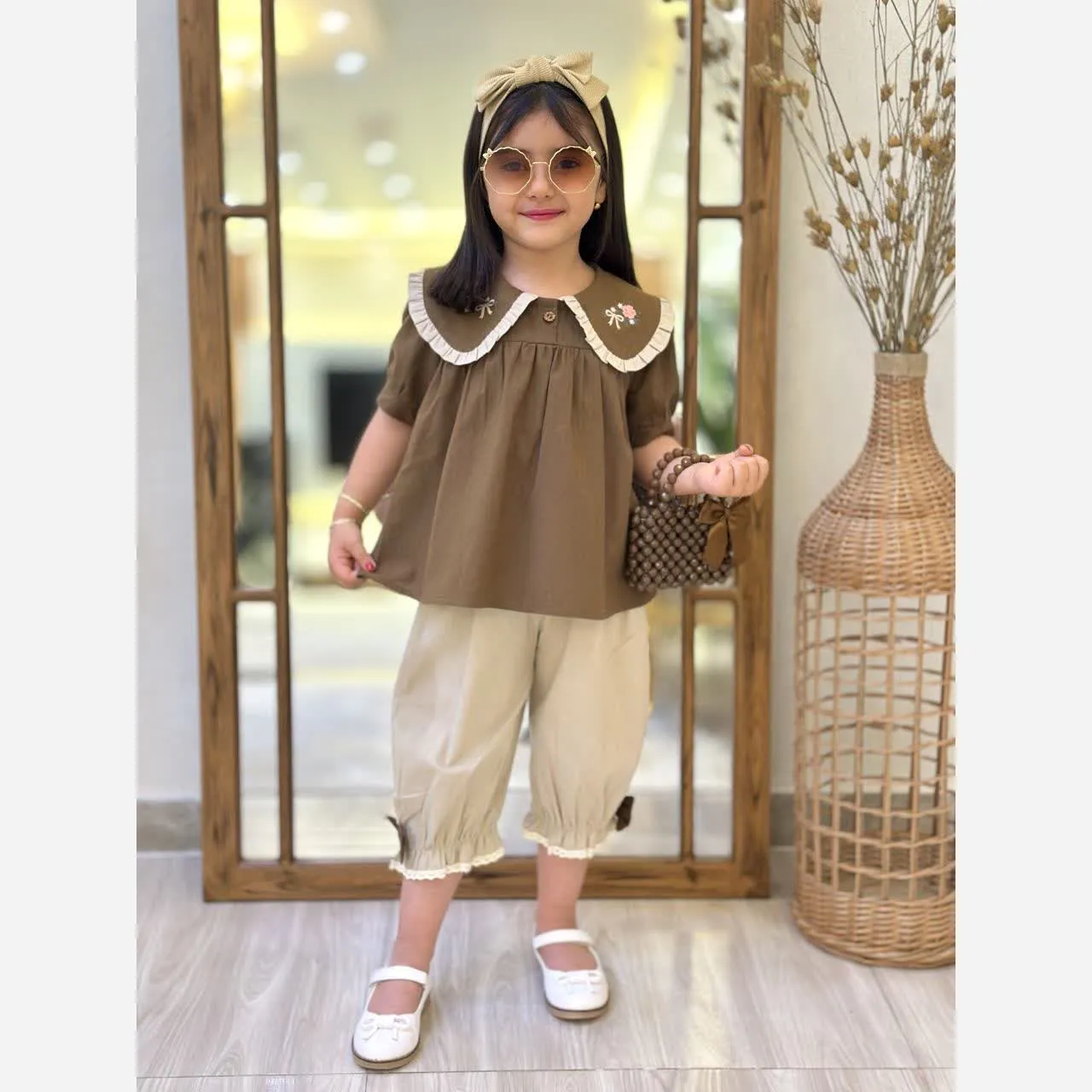 ست شومیز و شلوارک دخترانه لینن یقه گلدوزی مدل لیا