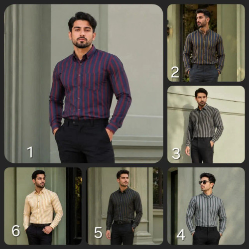 پیراهن مردانه آستین بلند راه راه پارچه بنگال اندامی