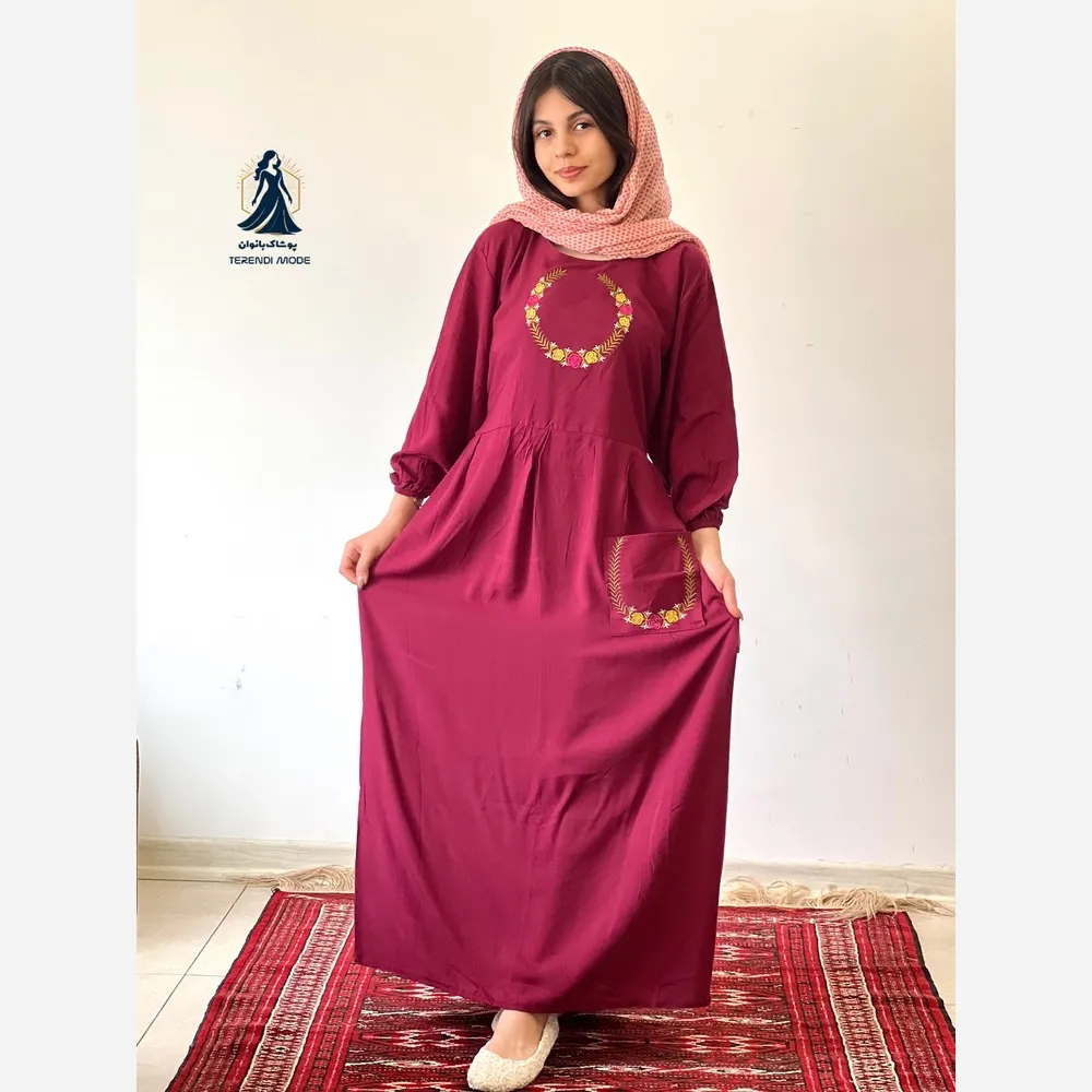 ساحلی گلدوزی تک جیب زنانه جنس نخ ململ رنگ زیتون خنک تابستانه