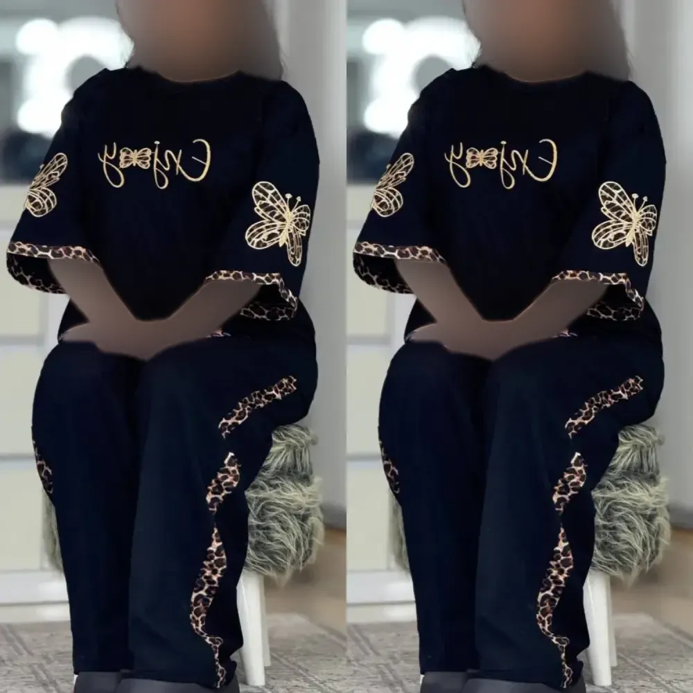 ست تیشرت و شلوار اسپان گلکسی زنانه رنگ مشکی فری سایز مدل enjoy