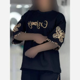 ست تیشرت و شلوار اسپان گلکسی زنانه رنگ مشکی فری سایز مدل enjoy