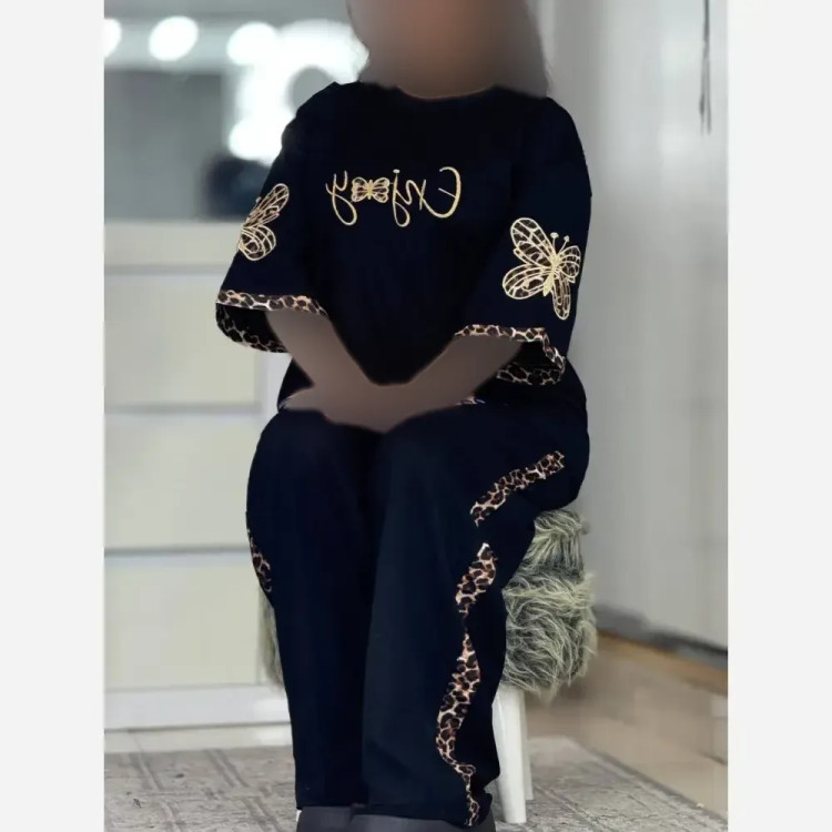 ست تیشرت و شلوار اسپان گلکسی زنانه رنگ مشکی فری سایز مدل enjoy