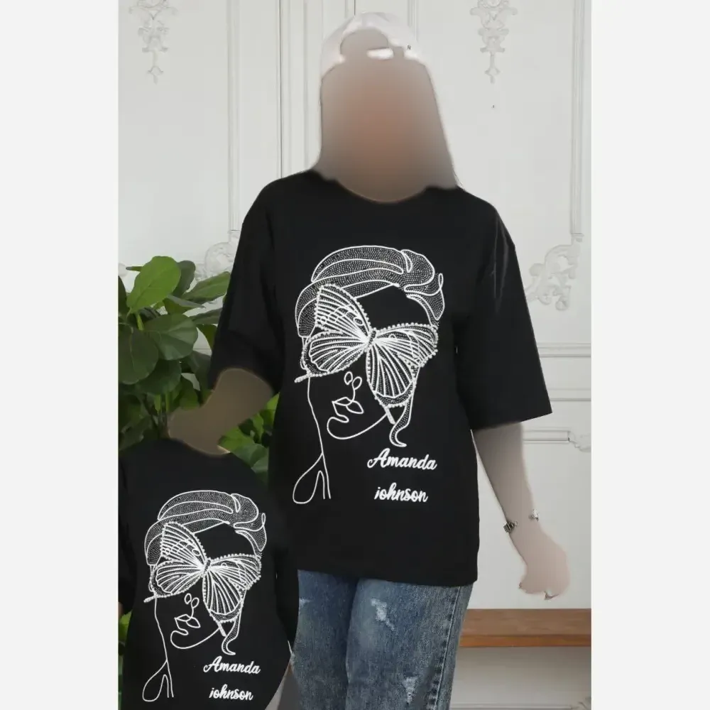 تیشرت نخ پنبه مشکی چشم مروارید فری سایز تا 48