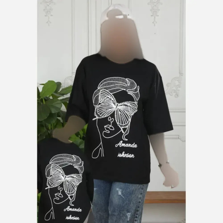 تیشرت نخ پنبه مشکی چشم مروارید فری سایز تا 48