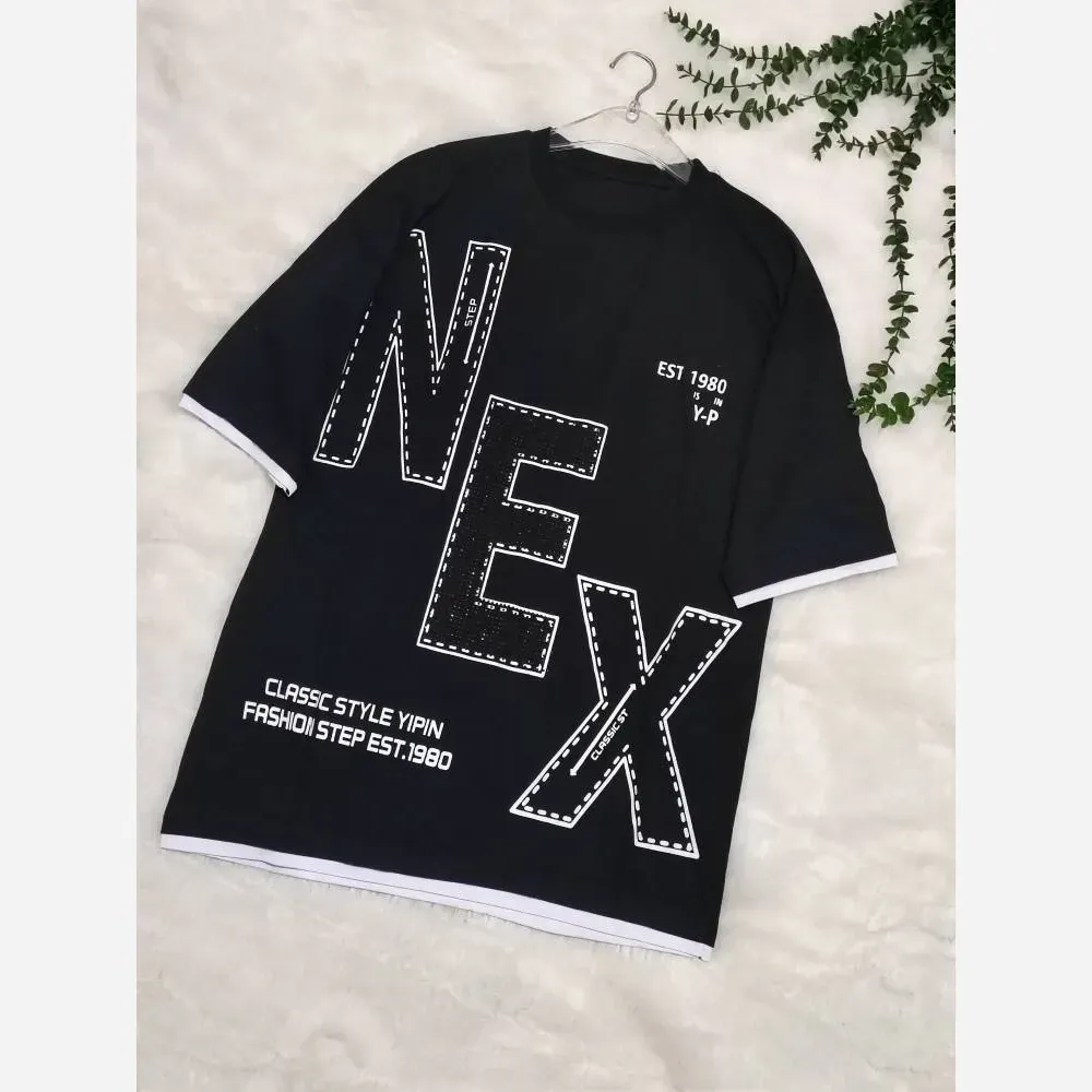 تیشرت لش نخ پنبه مشکی طرح NEX اسپرت فری سایز تا 48