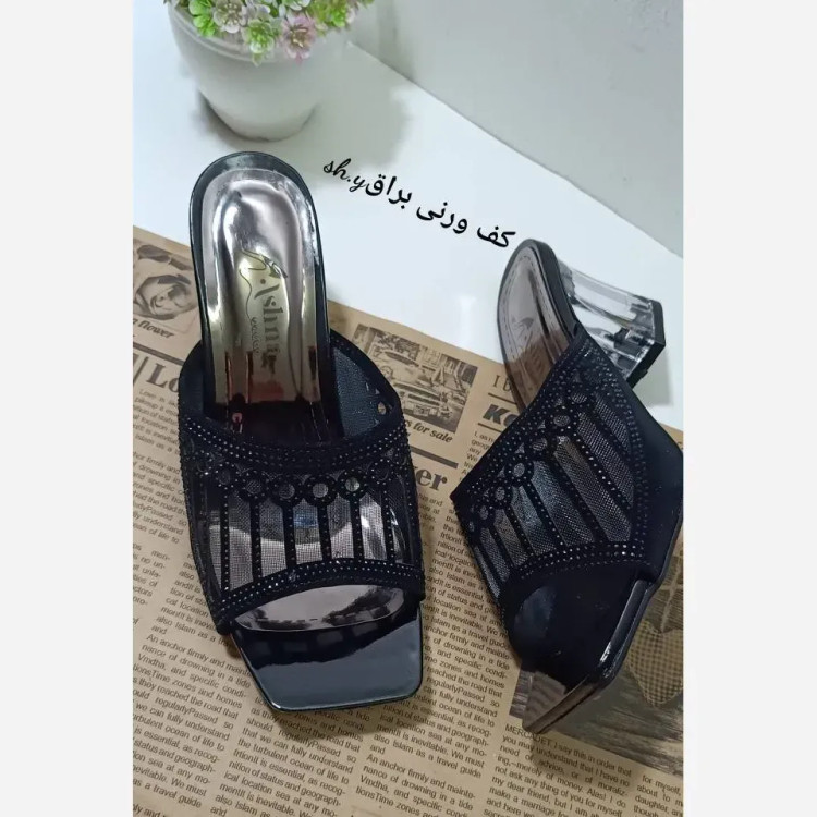 کفش مجلسی زنانه تور سوییت مشکی پاشنه شیشهای 6 سانت نگین دار سایز 37 تا 41
