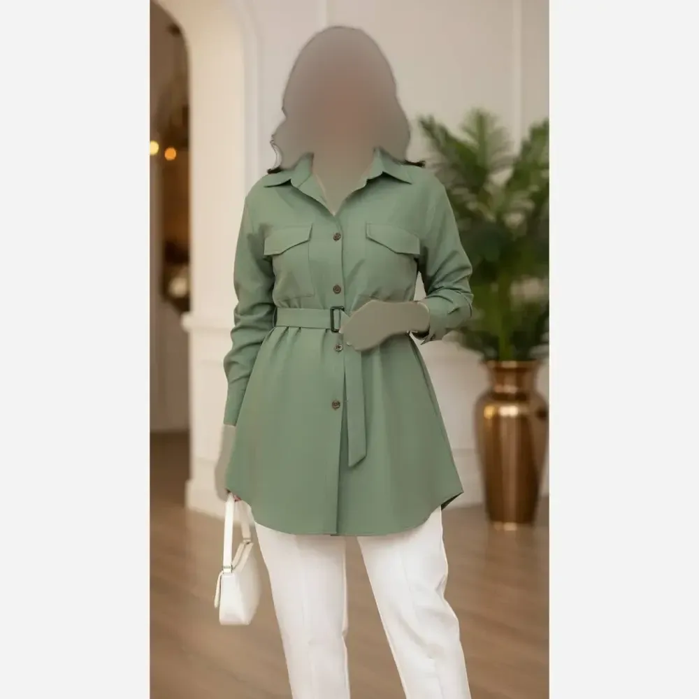 مانتو داکرون اعلا کمربند دار جیب کاربردی
