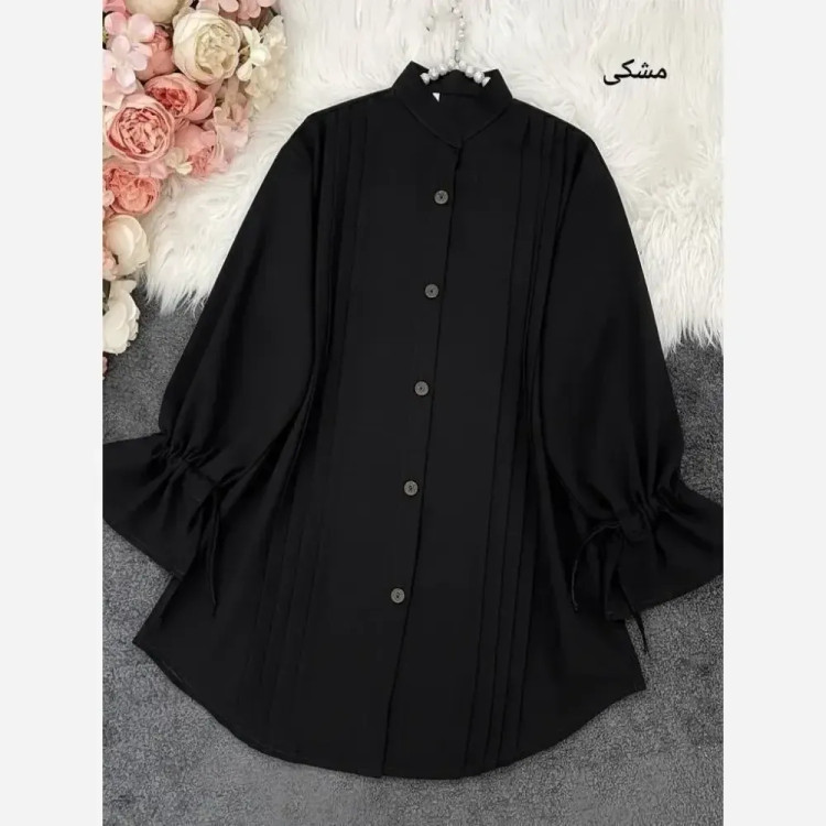 مانتو داکرون آستین شیپوری بنددار چهار پیله قد 75