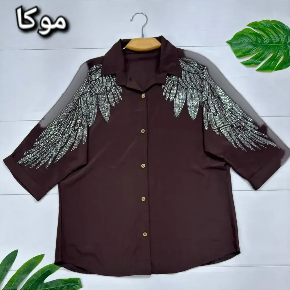 شومیز مجلسی طاووس جنس الیزه نگین کاری فری سایز