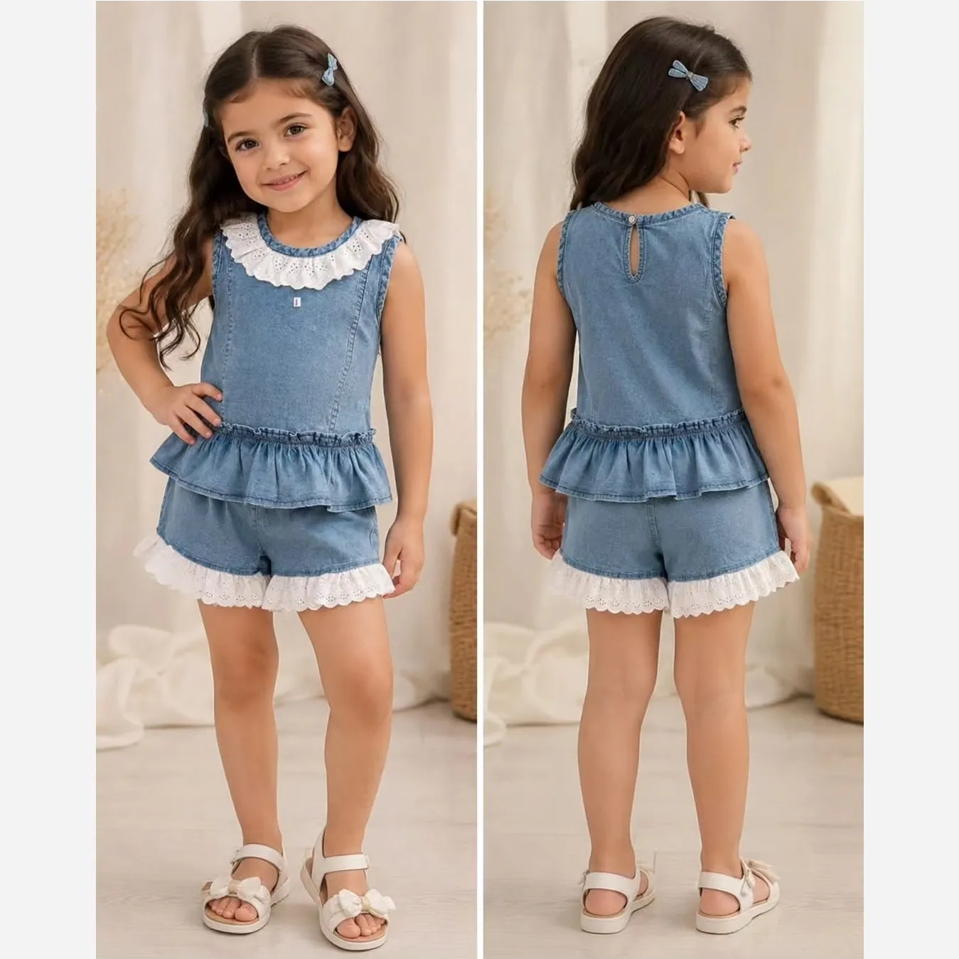 ست تاپ و شورتک جین دانتل دار دخترانه خنک مناسب 1.5 تا 7 سال
