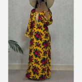 پیراهن ساحلی ترکمنستانی نخی فری سایز تا 50 نوار طلایی