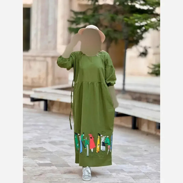 پیراهن لینن طرح سرخپوستی فری سایز مدل بلند