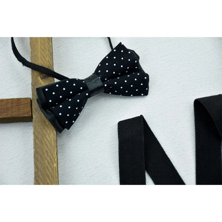 ست ساسبندر و پاپیون پسرانه مشکی خال خال فری سایز مناسب 2 تا 8 سال