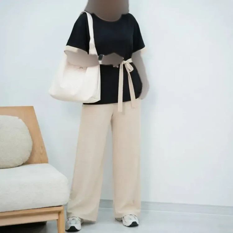 ست نورسام تابستانه جنس ینزی درجه یک فری سایز رنگ مشکی کرم سورمه