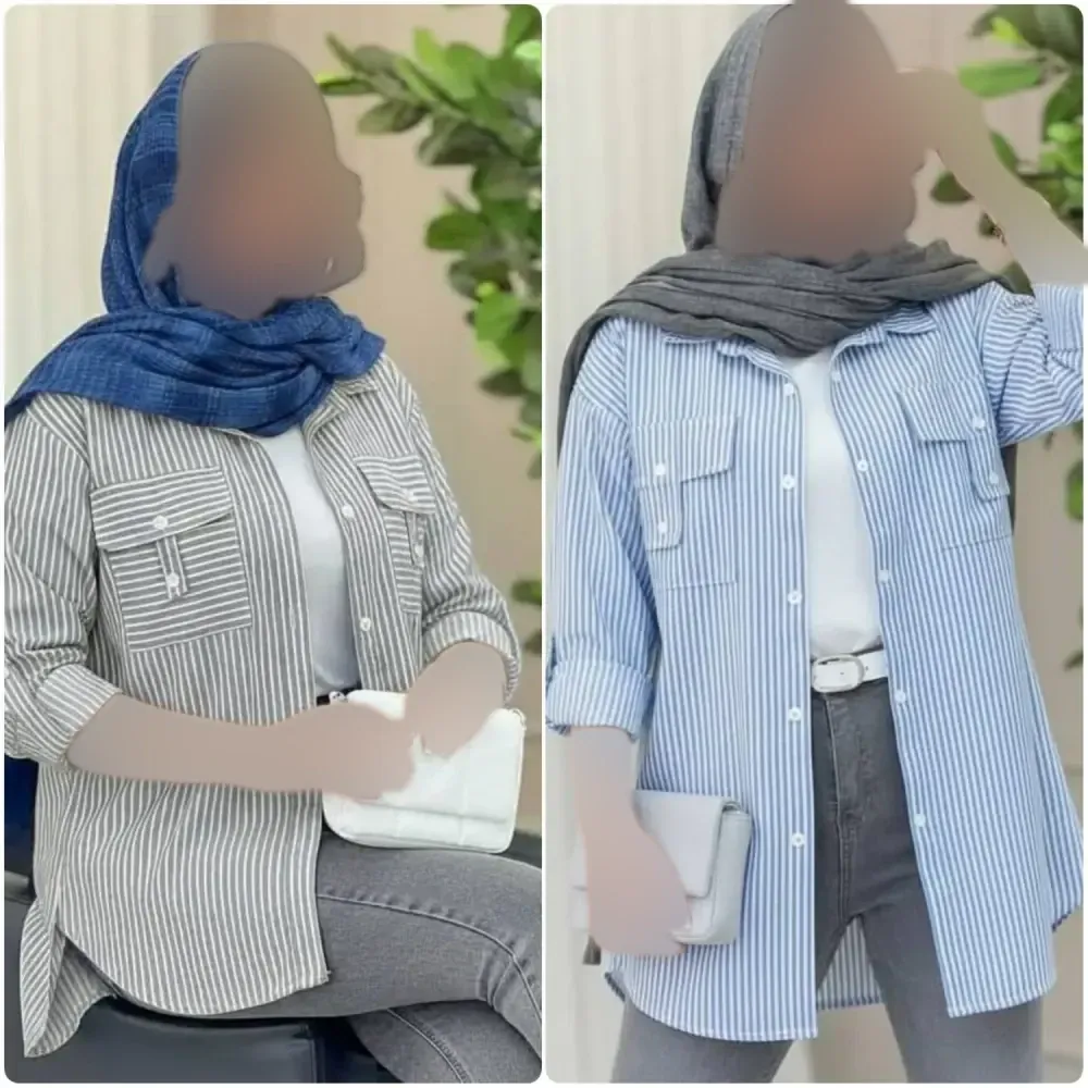 بلوز نخی راه راه جیب صلیبی فری سایز 38 تا 46 طوسی و آبی