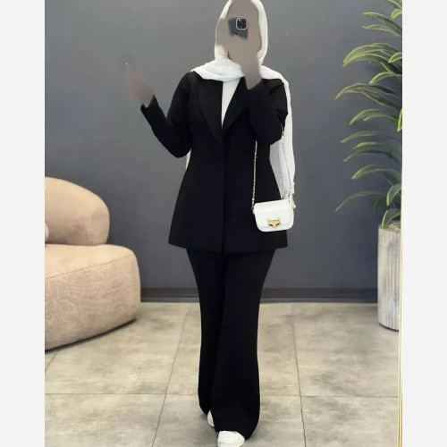 کت و شلوار زنانه مدل رانا جنس مازراتی رنگ مشکی سایز 1 و 2