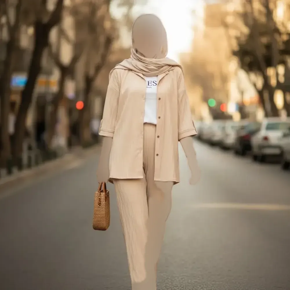ست شومیز و شلوار زنانه سلین جنس سوپر آیوا بارونی درجه یک فری سایز رنگ نسکافه ای روشن