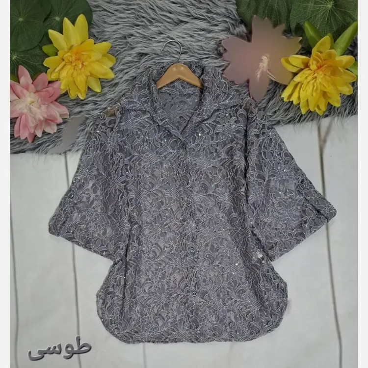 بلوز مجلسی زنانه آستین سه ربع دانتل شیشه ای فری سایز