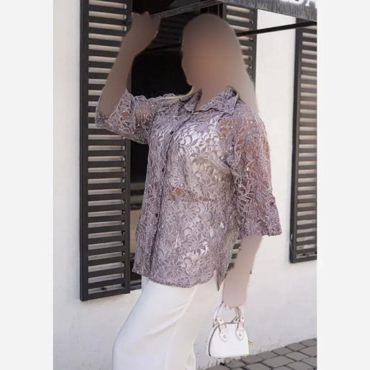 بلوز مجلسی زنانه آستین سه ربع دانتل شیشه ای فری سایز