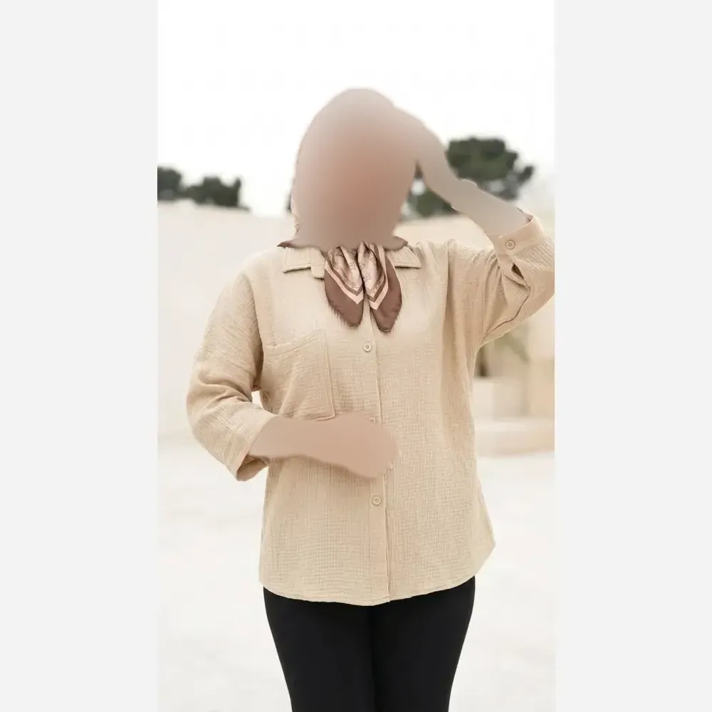 شومیز باکسی ینزه پفکی درجه یک رنگ کرم سایز فری فانتزی روزمره