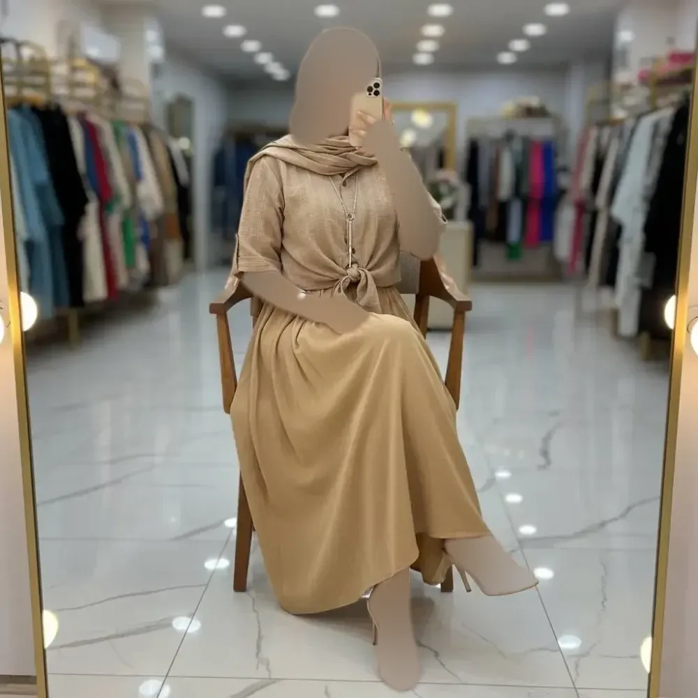 ست شومیز گره ای و دامن شانتون نسکافه ای فری سایز