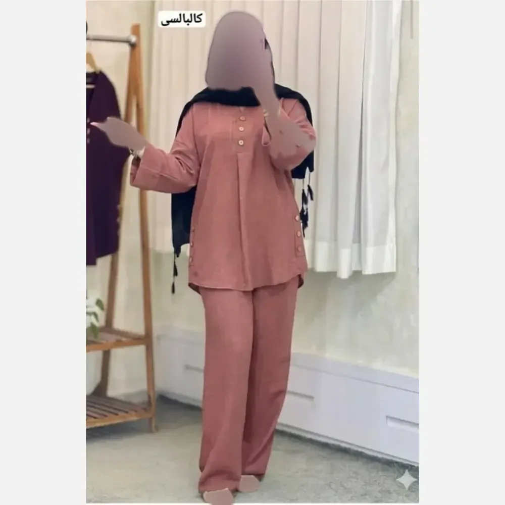 ست مانتو و شلوار زنانه جنس شانتون گرم بالا رنگ سدری فری سایز