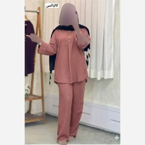 ست مانتو و شلوار زنانه جنس شانتون گرم بالا رنگ سدری فری سایز