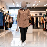 تونیک زنانه جنس آیوا آستین سه ربع پاکتی پاگن دار رنگ کرم