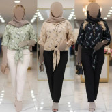 شومیز گره ای برگی جنس شانتون فری سایز رنگ کرم نسکافه ای سبزسدری