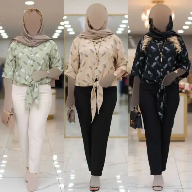 شومیز گره ای برگی جنس شانتون فری سایز رنگ کرم نسکافه ای سبزسدری